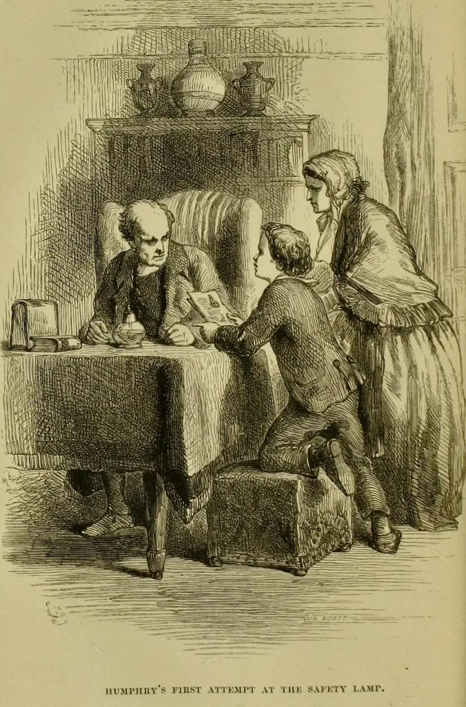 Illustration eines jungen Humphry Davy, der einem älteren Mann seinen ersten Entwurf der Sicherheitslampe präsentiert, während eine Frau zuschaut.