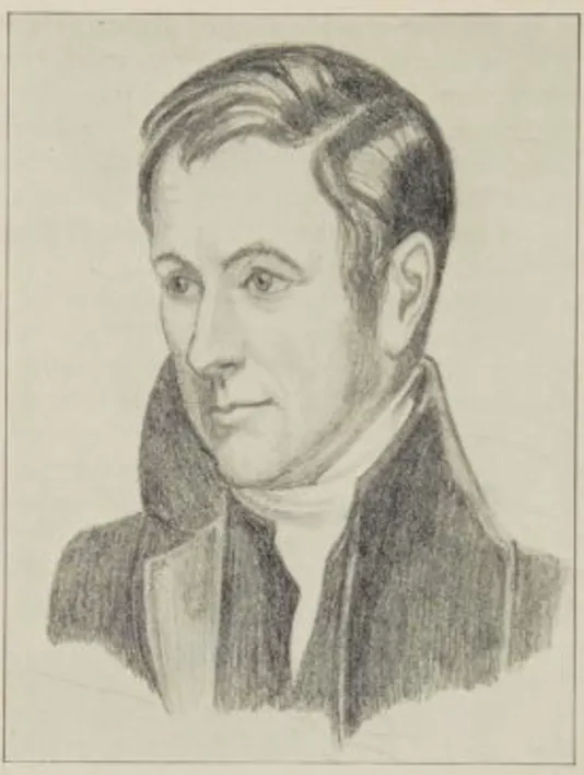 Bleistiftporträt von Sir Humphry Davy, dem Erfinder der Davy-Sicherheitslampe, in einem hochgeschlossenen Mantel und mit leicht seitlicher Blickrichtung.