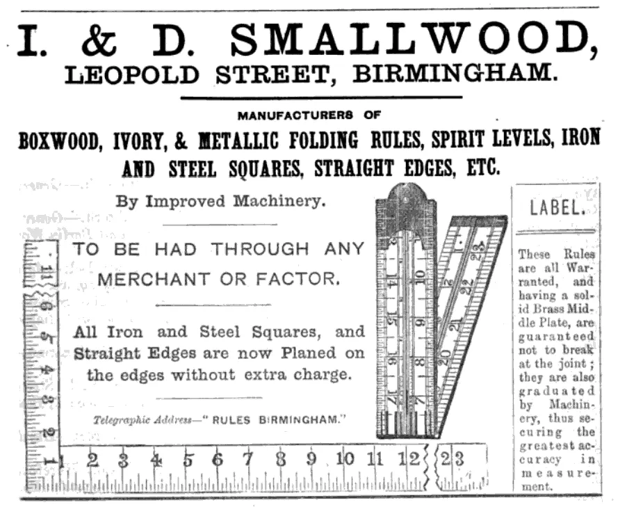 A page from the I&D Smallwood 1912 catalog showcasing a variety of precision tools, including boxwood, ivory, steel, and metallic folding rules, iron and steel squares, and spirit levels, all crafted with the highest standards of accuracy.