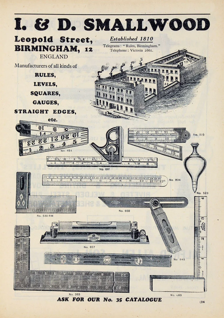 A page from the I&D Smallwood 1912 catalog displaying a selection of their precision tools, including spirit levels, squares, rules, gauges, and straight edges, crafted to the highest standards for engineers and craftsmen.