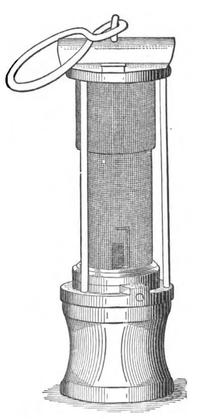 Engraving of an upgraded Davy lamp featuring a wire-gauze cylinder and added glass shield within a sturdy metal frame.