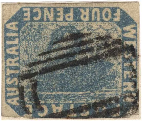 Eine detaillierte Illustration der seltenen Inverted-Swan-Briefmarke aus Westaustralien. Die Briefmarke hat eine rechteckige Form mit einem achteckigen blauen Rand, beschriftet mit „WESTERN AUSTRALIA“ an den Seiten und „FOUR PENCE“ oben und unten.