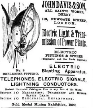 Vintage 1889 advertisement from John Davis & Son promoting electric lighting and safety equipment for mines, including portable electric lamps, blasting apparatus, and telephones.