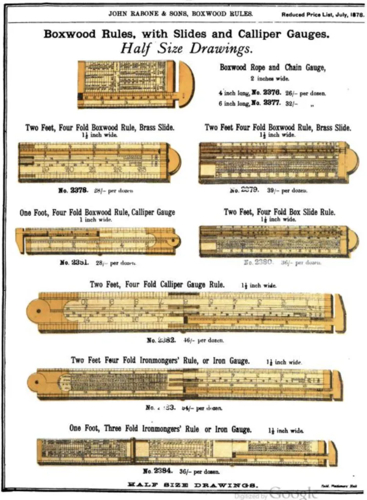 Preisliste mit Halbformat-Zeichnungen: Buchsbaum Seil- und Kettenlehre, zwei Fuß vierfach faltbare Buchsbaum-Zollstöcke mit Messingschieber in 1½ und 1¼ Zoll Breite, ein Fuß vierfacher Schieblehren-Maßstab, zwei Fuß Box-Schieberregel, zwei Fuß vierfacher Schieblehren-Maßstab sowie Eisenwaren- bzw. Eisenmaßstäbe als ein Fuß dreifach und zwei Fuß vierfach.