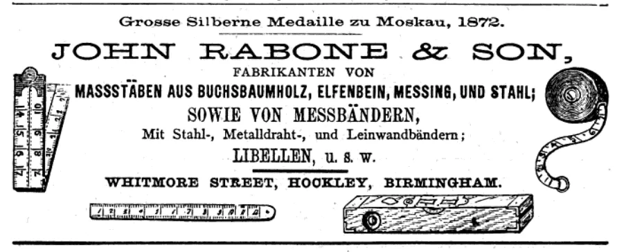 Eine Anzeige im Wiener Weltausstellungskatalog 1873 - Anzeige aus Großbritannien, die das bleibende Erbe von John Rabone & Sons zeigt.