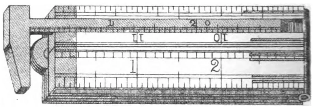 Gravierte Abbildung des John Rabone Nr. 2444 Elfenbein-Klappmaßes mit integriertem Neusilber-Messschieber, mit vollständiger Zollskala und präzisem Schieber.