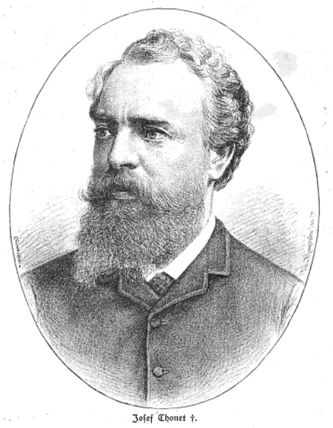 Graviertes Porträt von Josef Thonet mit Bart und formellem Mantel, dargestellt in ovalem Rahmen, mit seinem Namen beschriftet.