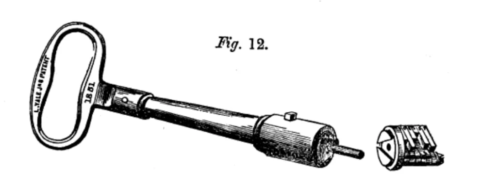 Illustration of a Yale patented key and lock mechanism from 1861, demonstrating the internal structure and functionality of the lock. (Original caption: Chilled Iron Bank Door with corner left unfilled to show the network.)