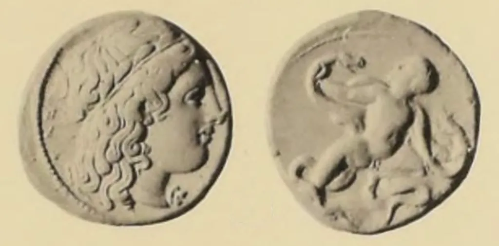 Black-and-white two-sided plate image of an ancient Greek silver stater from Kroton in Bruttium. The obverse shows a laureate head of Apollo facing right. The reverse shows the young Herakles strangling serpents.