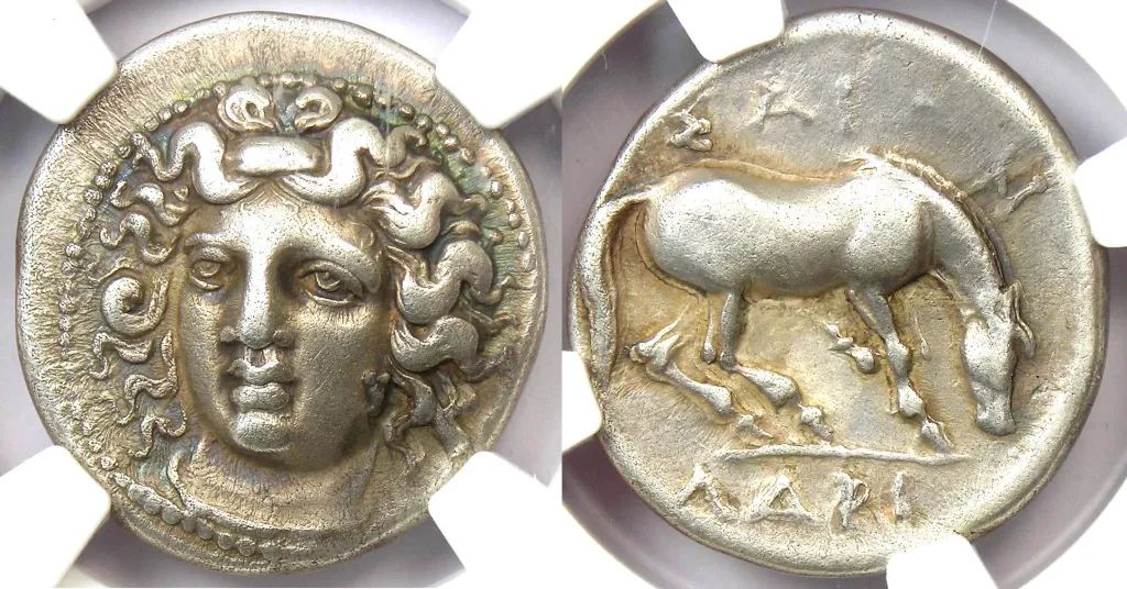 Two-sided image of an ancient Greek silver stater from Larissa in Thessaly. The obverse shows the facing head of the nymph Larissa. The reverse shows a horse standing right with its head lowered to graze, with the inscription LARI below.