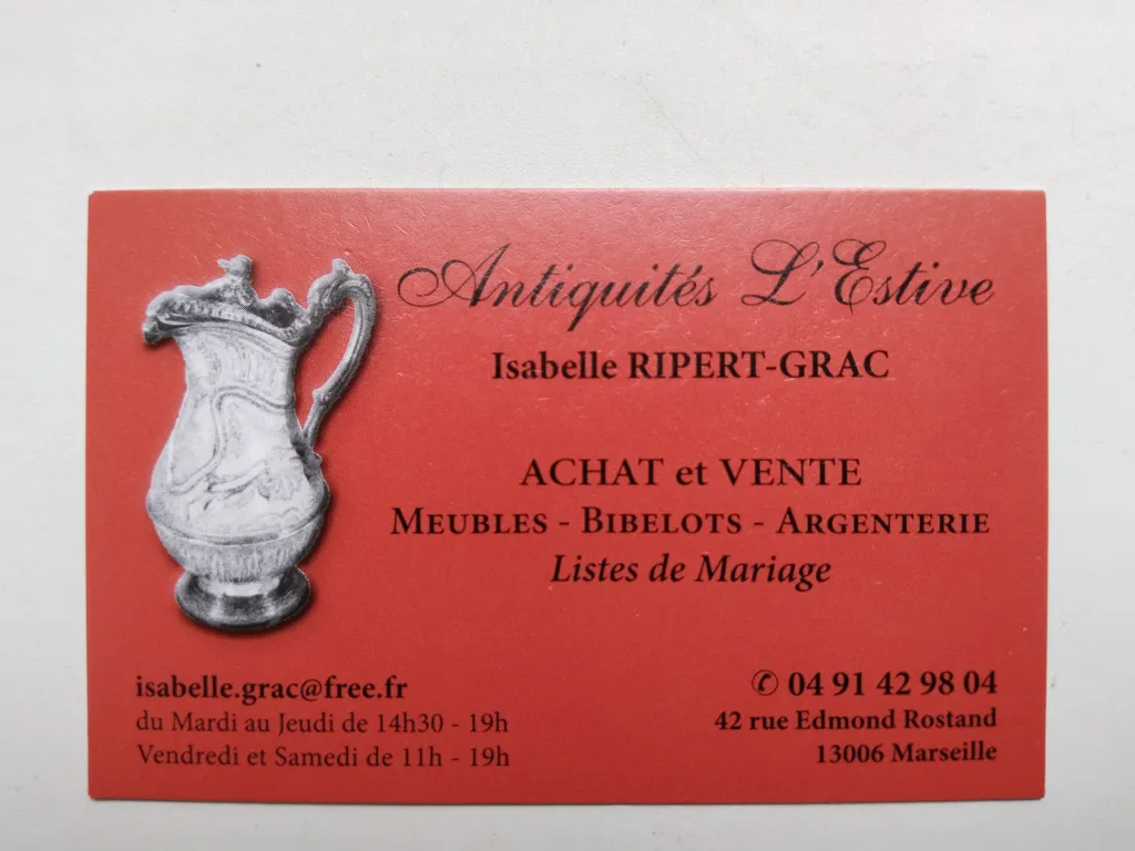 Business card of Isabelle Ripert-Grac, the passionate owner of L'Estive Antiques in Marseille — a boutique specializing in furniture, curios, and silverware.