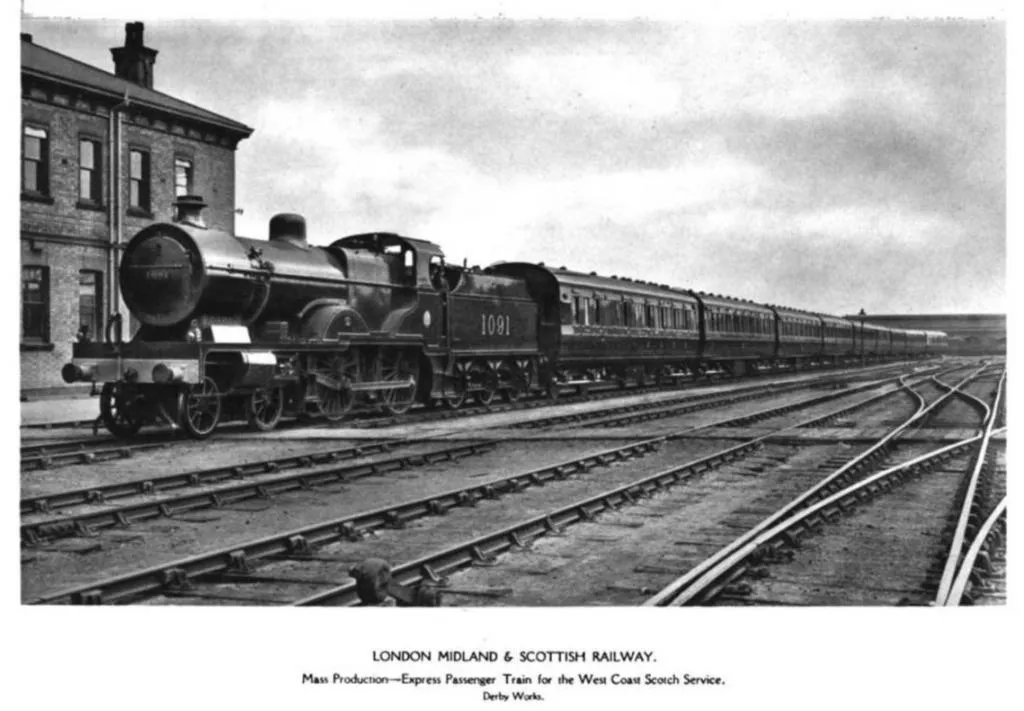 Image: An L.M.S. mass-produced express passenger train for the West Coast Scotch Service, made in Derby Works.