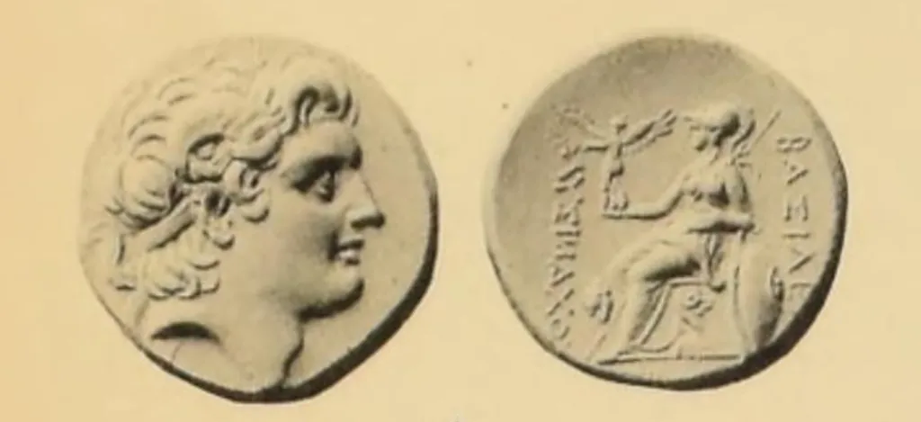 Gold stater of Lysimachus coin from Thrace, showing the deified head of Alexander the Great and Athena Nikephoros seated with Nike and a lion’s head control mark.
