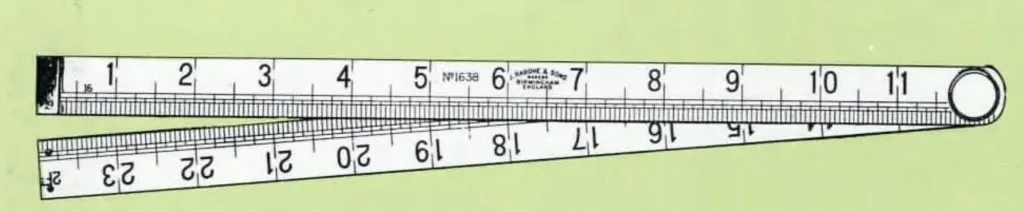Abbildung eines maschinengravierten klappbaren Stahlmaßes Nr. 1638 von John Rabone & Sons, Länge 2 Fuß, Breite ¾ Zoll, Dicke 0,03 Zoll. Skaliert in Achtel- und Sechzehntelzoll mit Neusilberspitzen.