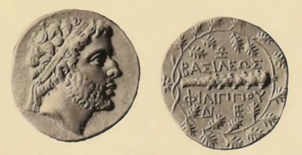 Antike griechische Silberdidrachme Philipps V. von Makedonien, in zwei Ansichten gezeigt, mit einem diademierten Herrscherkopf nach rechts auf der Vorderseite und einer Keule mit Monogrammen innerhalb eines Eichenkranzes auf der Rückseite.