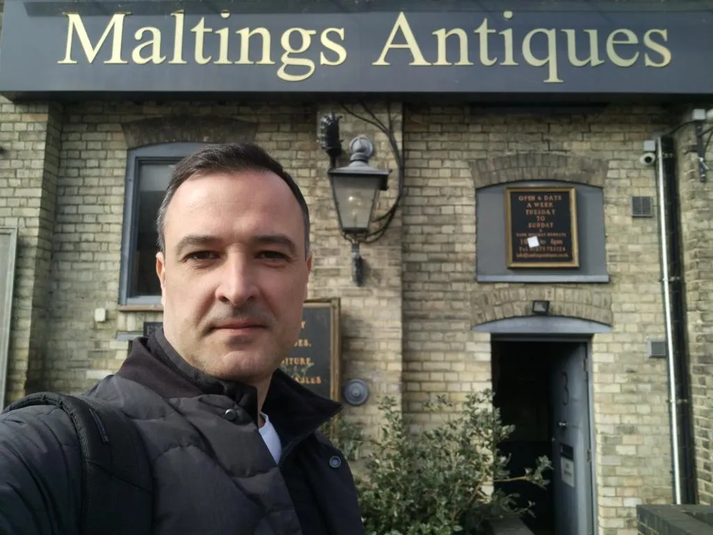 A closer look at the entrance façade of Maltings Antiques, showcasing its distinctive period charm and clear signage.