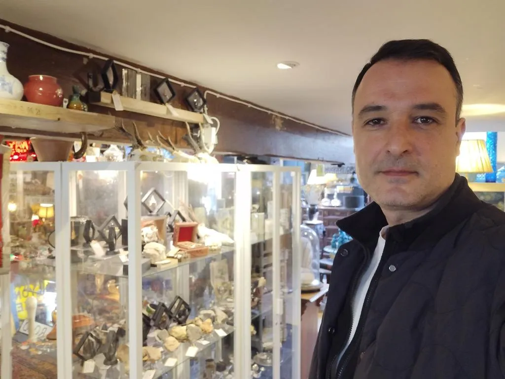 Main floor of Maltings Antiques with a display cabinet featuring prehistoric fossils.