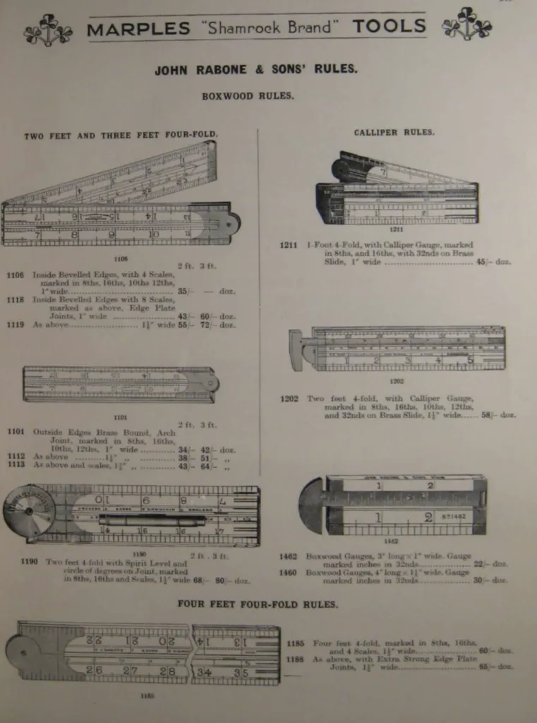 Marples 1938 Katalogseite mit John Rabone und Söhne Buchsbaum Zollstock und Gliedermaßstab in zwei und drei Fuß vierfach, wahlweise mit Innenfase oder messinggefasstem Bogen-Gelenk, teils mit Libelle und Gradkreis, daneben Stockmaß mit Schieblehre Messgerät auf Messingschieber bis 1/32 Zoll sowie vier Fuß Ausführung.