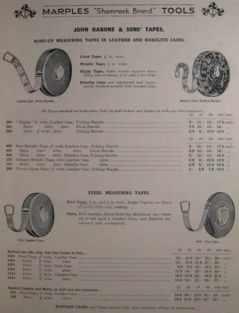 Marples Katalogseite von 1938 mit Maßbändern von John Rabone and Sons in Leder- und Bakelitgehäusen sowie Stahlmaßbändern; Leinen, Metall und Rigida als Bandmaterial; Längen 25 bis 100 Fuß.