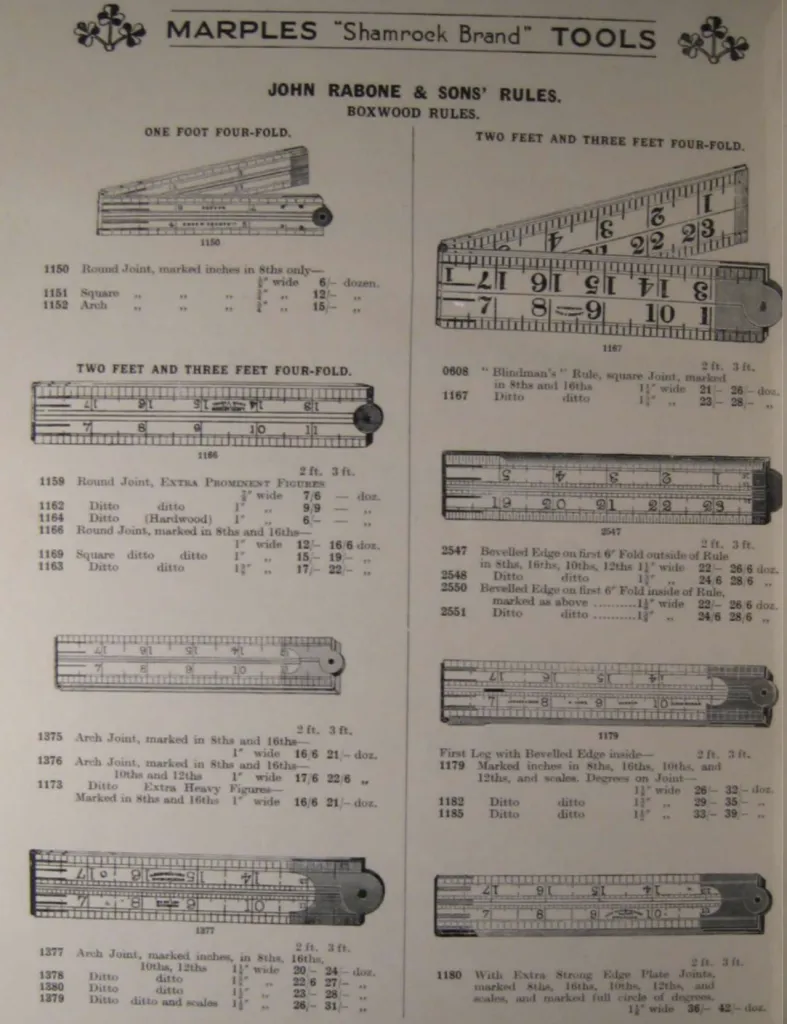 Marples 1938 catalog page showing John Rabone and Sons boxwood folding rules in one two and three foot four fold versions with round square and arch joints bevelled edge options bold figure Blindmans rule and graduations to 8ths 16ths 10ths and 12ths with some degree scales.
