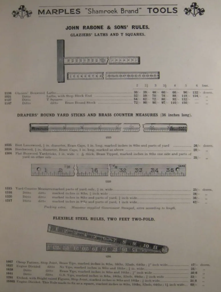 Marples 1938 catalog page of John Rabone and Sons showing boxwood glaziers laths and T squares, round yard sticks and brass counter measures, plus flexible two foot two fold steel rules with graduations to 64ths.