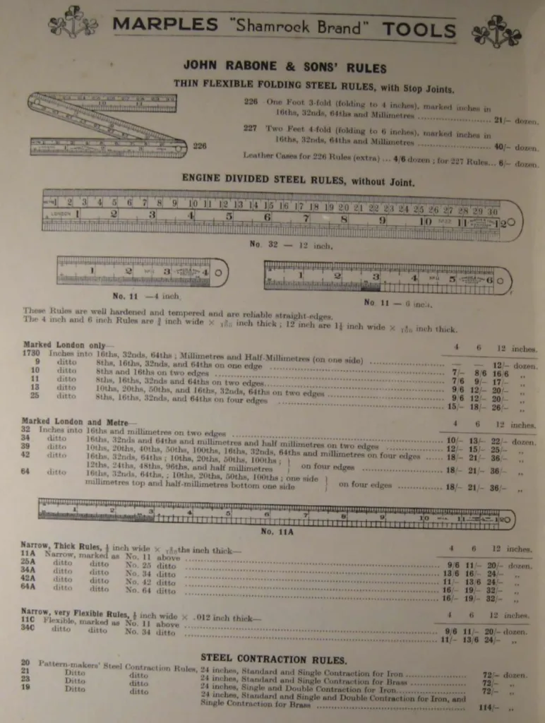 Catalog page showing Rabone and Sons thin flexible folding steel rules with stop joints, engine divided straight steel rules in inches and millimetres on multiple edges, narrow thick and very flexible models, and 24 inch steel contraction rules.