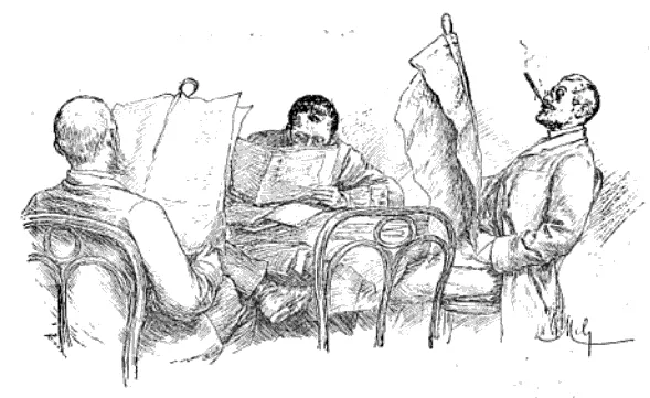 Schwarz-weiß Zeichnung von drei Männern in einem Wiener Kaffeehaus beim Zeitunglesen, umgeben von Thonet-Bugholzstühlen Nr. 19.