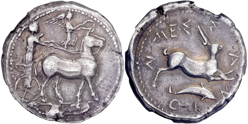 Ancient Greek silver tetradrachm coin from Messana, Sicily, showing a hare running right with a dolphin below on one side and a female charioteer driving a mule biga right on the other side.