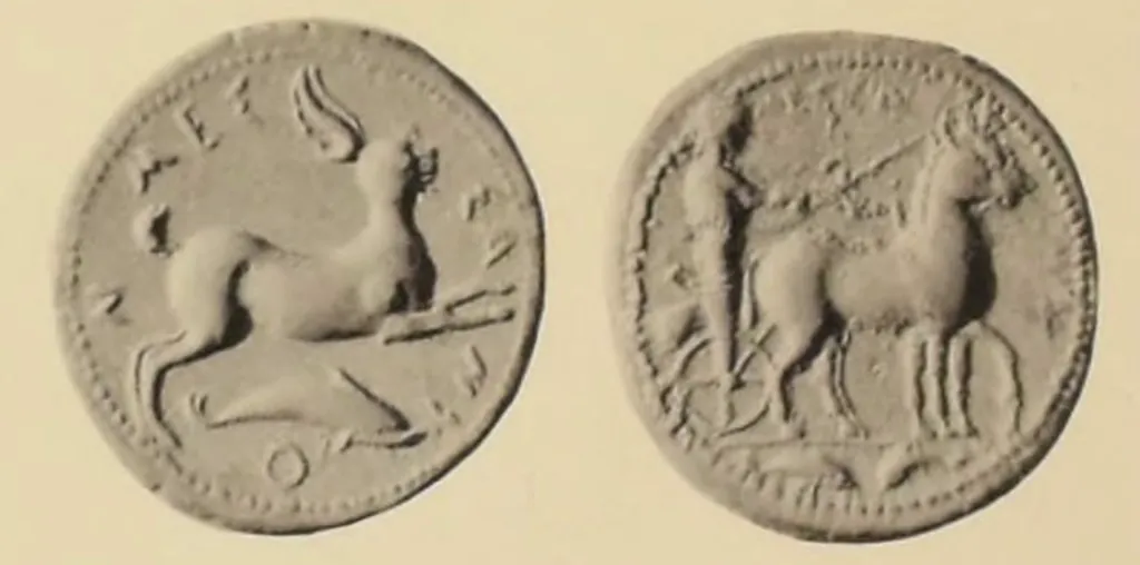Antike griechische Tetradrachme aus Silber aus Messana auf Sizilien, mit nach rechts laufendem Hasen und Delfin darunter auf der einen Seite sowie weiblicher Wagenlenkerin in einer nach rechts fahrenden Maultierbiga und zwei Delfinen im Abschnitt auf der anderen Seite.