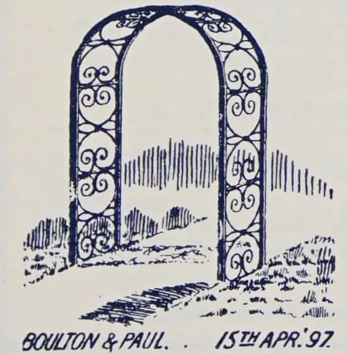 Catalog illustration of an ornamental metal garden arch with rounded top and decorative scrollwork side panels.