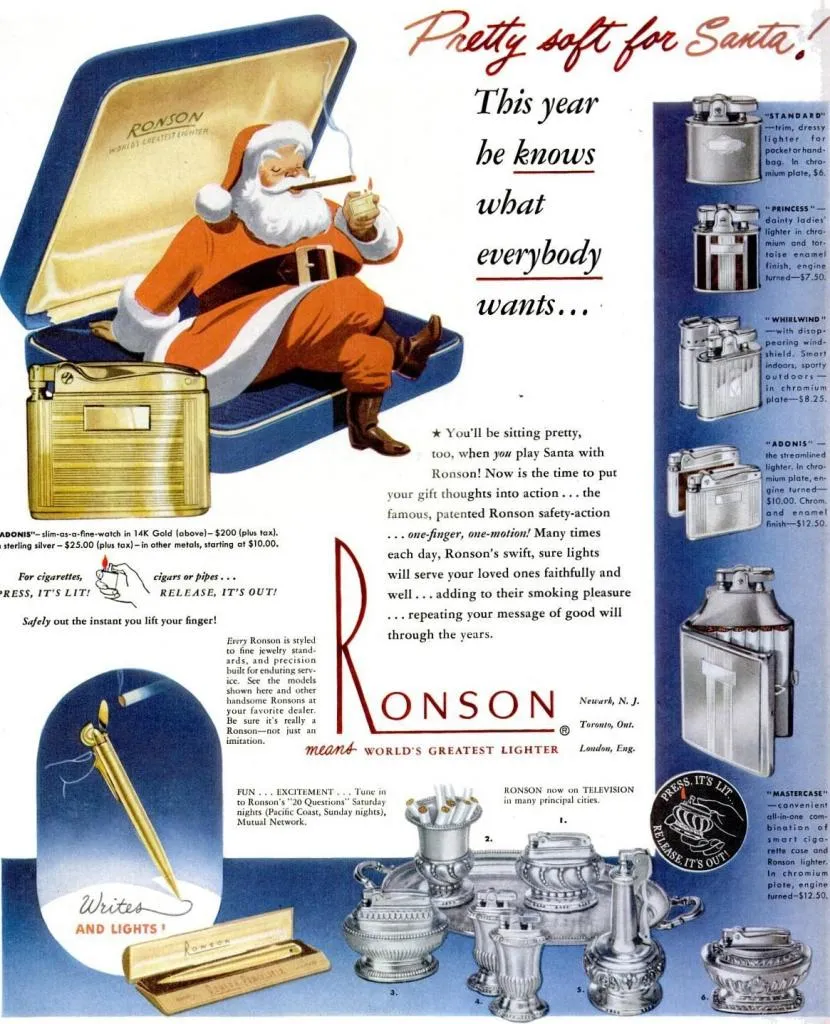 Ronsons Mid-Century-Weihnachtsanzeige mit dem Weihnachtsmann bewirbt stilvolle Einhand-Feuerzeuge wie Adonis, Standard und Mastercase als ideale Geschenke für die Feiertage.