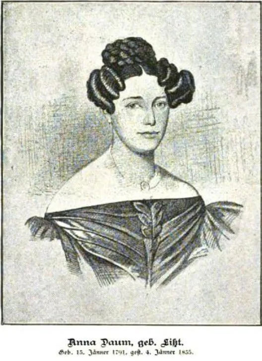 Stichporträt von Anna Daum in Kleid des 19. Jahrhunderts mit freiliegenden Schultern und kunstvoller Frisur, bezeichnet als Besitzerin des Wiener Café Daum.