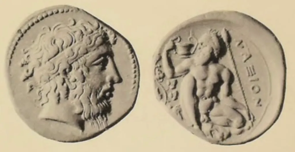 Ancient Greek silver tetradrachm coin from Naxos, Sicily, with head of Dionysos right in an ivy-decorated diadem on the obverse and seated Silenos with kantharos, thyrsos, and ivy plant on the reverse.