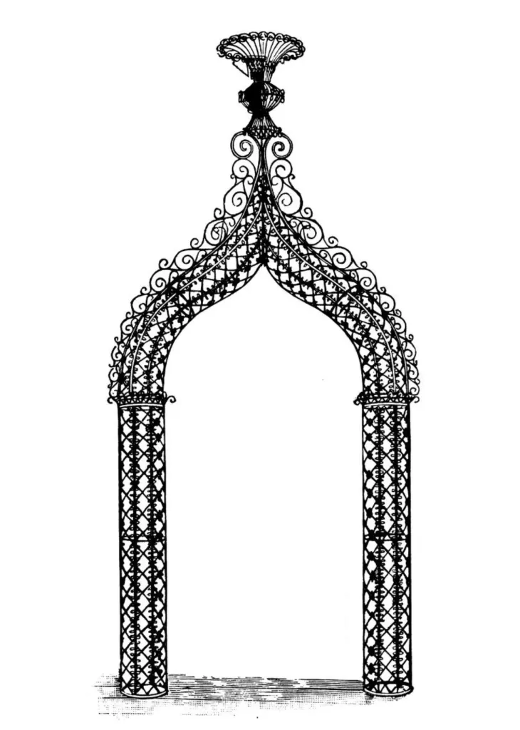 Ornamental metal garden arch with lattice columns, scrollwork, a pointed upper frame, and a decorative vase finial.
