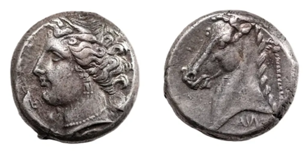 Silberne Tetradrachme aus Panormos auf Sizilien in zwei Ansichten, mit Persephone nach links auf der Vorderseite und einem Pferdekopf nach links auf der Rückseite.