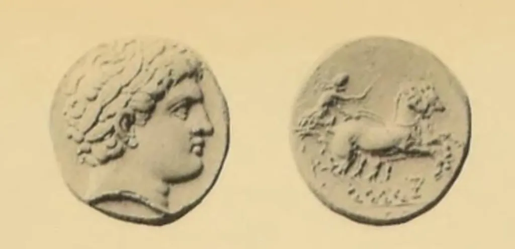 Gold stater of Philip II from Macedonia, showing the laureate head of Apollo and a charioteer driving a biga with a cantharus beneath the horses.
