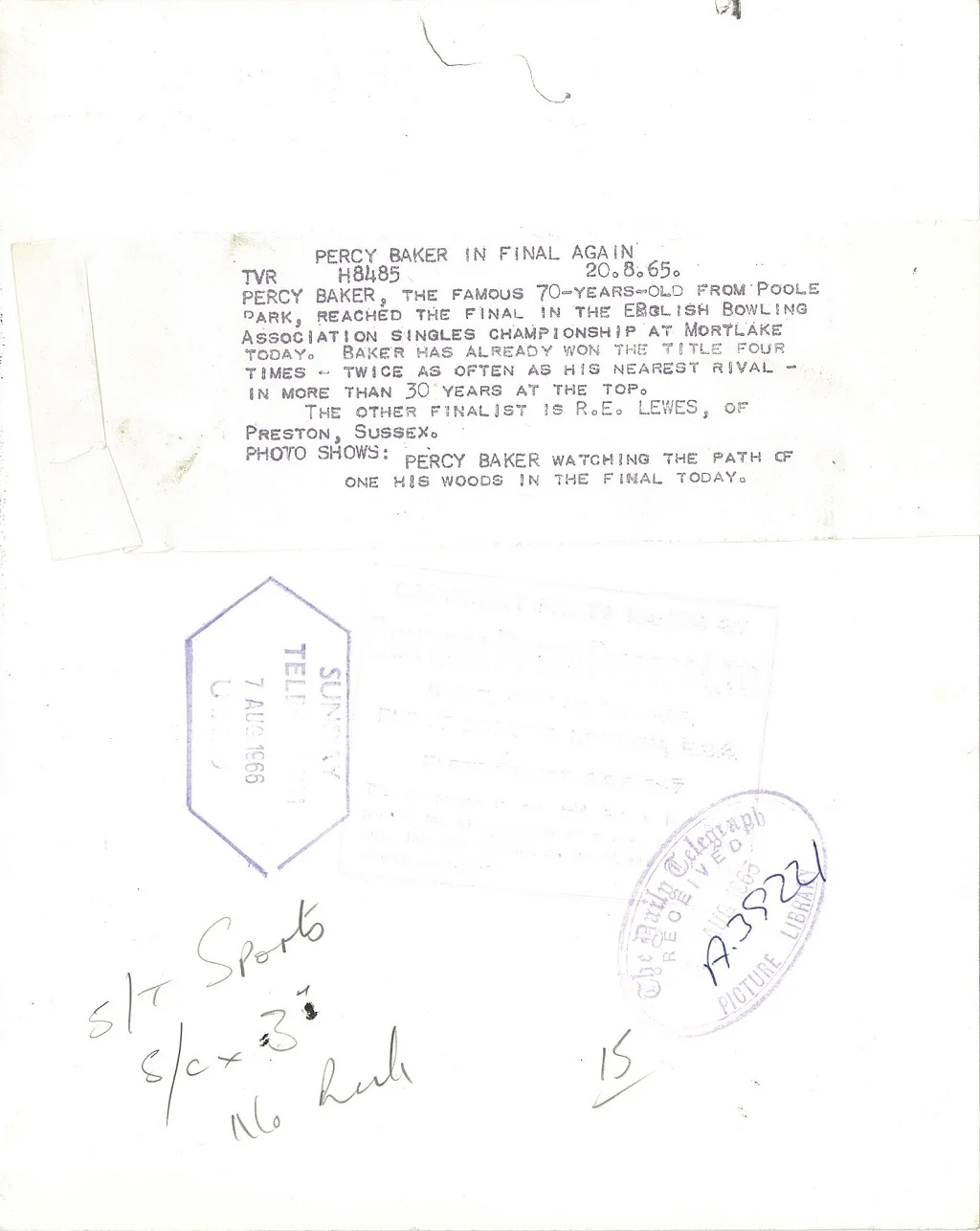 Percy Baker in the final again in the English Bowling Association singles at Mortlake 20 August 1965 - reverse side