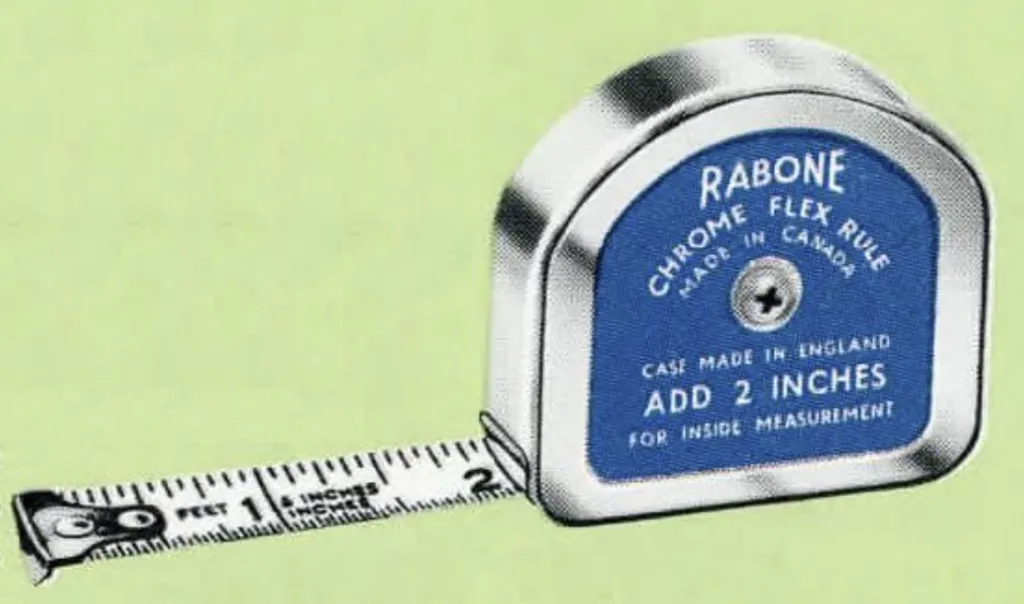 Vintage Rabone Chrome Flex Maßband Nr. 3205, Taschenmaßband in 6 Fuß, 8 Fuß und 2 Meter Ausführungen. Mit verchromtem D-förmigem Gehäuse, rostbeständigem Stahlband und automatischer 2-Zoll-Zugabe bei Innenmessungen.