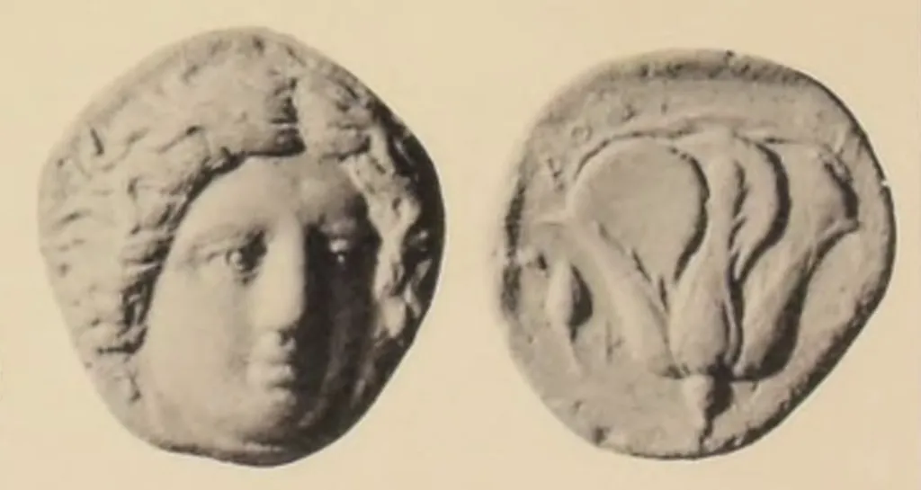 Ancient Greek silver tetradrachm of Rhodos shown obverse and reverse on a plain background, with a facing head of Helios on the obverse and a rose with bud on the reverse.