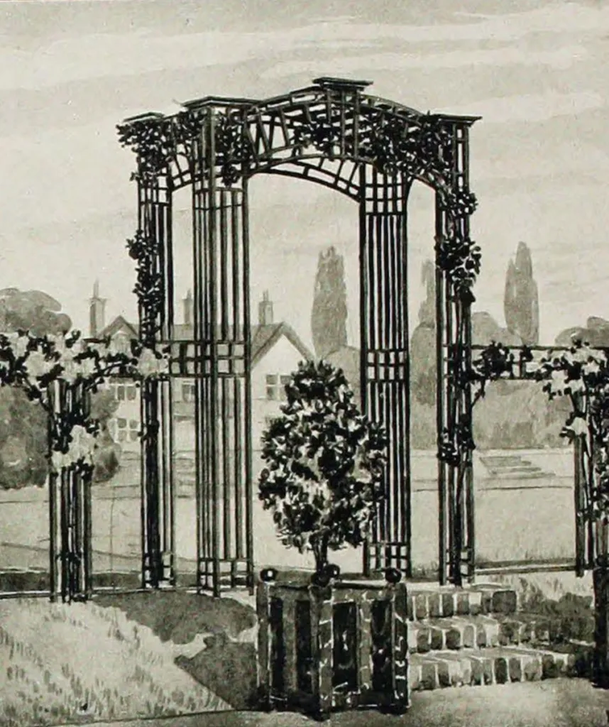 Katalogillustration des Wolverton Arch, eines großen Rosenbogens mit Gitterkonstruktion, Kletterpflanzen und Stufen.