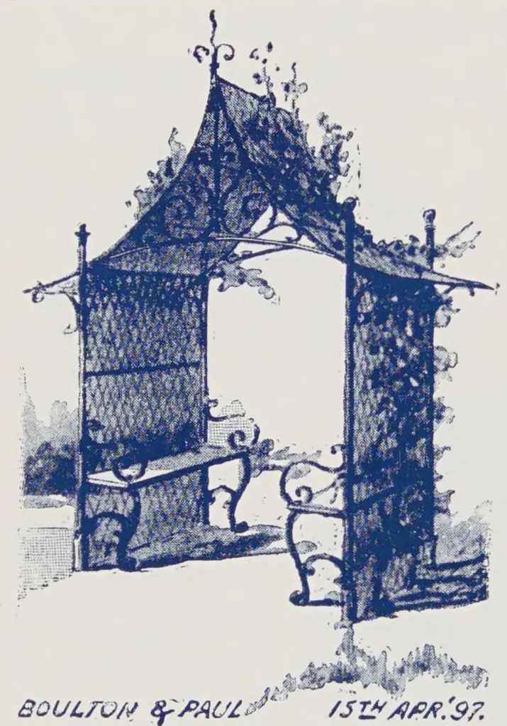 Katalogillustration eines ornamentalen Gartenbogens aus Metall mit dekorativem Rankenwerk, Gitterfeldern, spitzem Dach und eingebauten Sitzbänken.