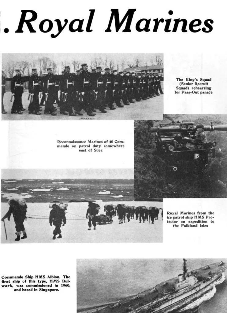 Eine visuelle Darstellung der Royal Marines im Einsatz, mit Szenen der King's Squad bei der Vorbereitung auf ihre Abschlussparade, Aufklärungsmarines des 40 Commando auf Patrouille, einer gepanzerten Fahrzeugoperation, Marines auf einer Expedition zu den Falklandinseln und dem Kommandoschiff HMS Albion, einem zentralen Schiff in den Operationen der Royal Marines.