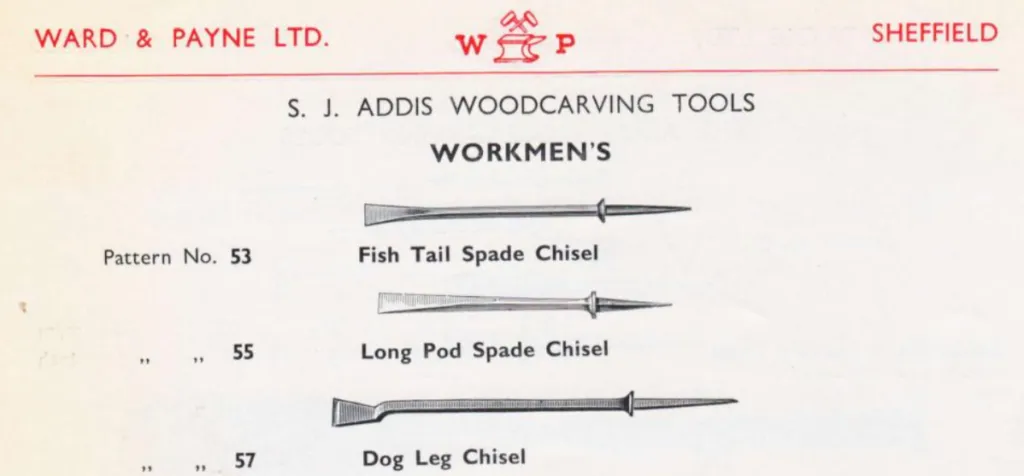 A vintage catalog page showing technical drawings of three unhandled woodcarving tools: a Fish Tail Spade Chisel (Pattern 53), a Long Pod Spade Chisel (Pattern 55), and a Dog Leg Chisel (Pattern 57), all under the S. J. Addis brand.