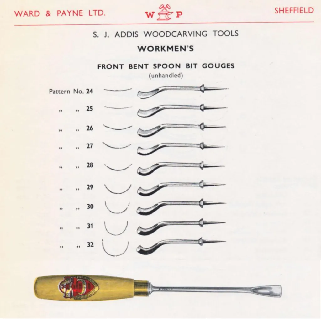 A vintage technical illustration of woodcarving tools. The top section shows various spoon-shaped gouge profiles next to their corresponding side-view drawings of the curved metal shafts. At the bottom, a single finished tool is shown with a polished steel spoon bit and a stout yellow wooden handle with a decorative brand decal.