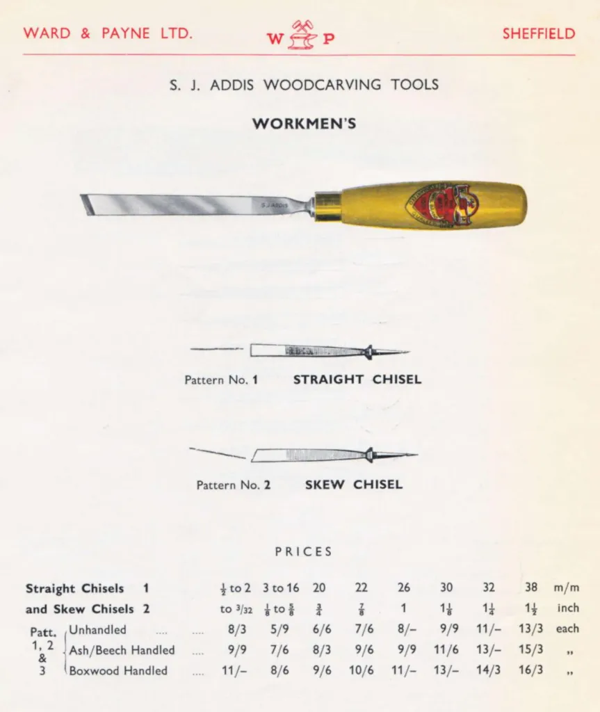 A vintage catalog page displaying technical drawings of straight and skew woodcarving chisels with a table of sizes and prices for various handle materials.