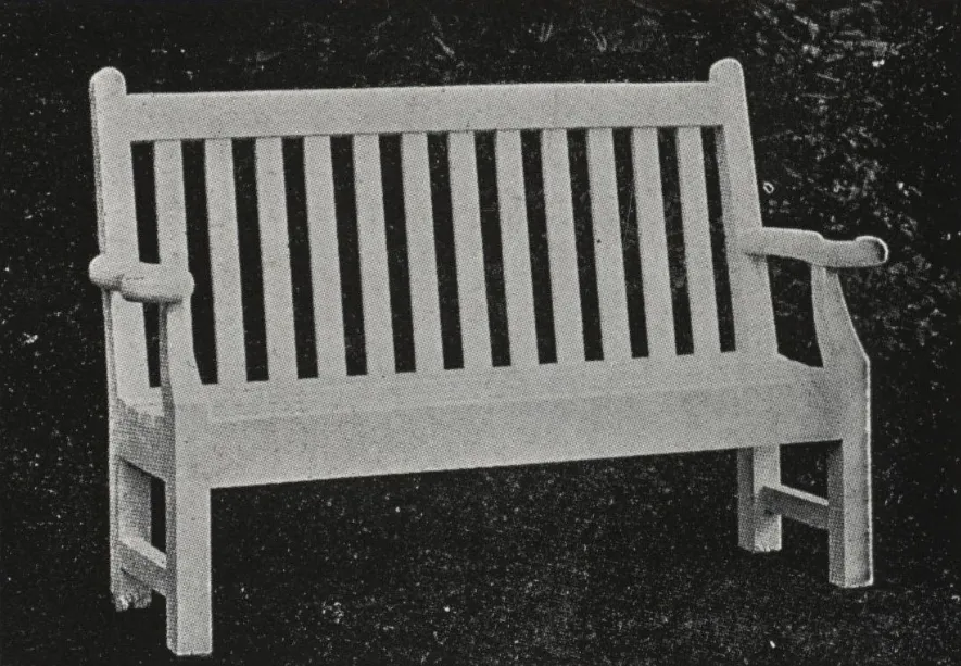 Vintage illustration of a wooden garden bench featuring a vertical slatted back, solid armrests, and a sturdy handcrafted frame designed for traditional garden settings.