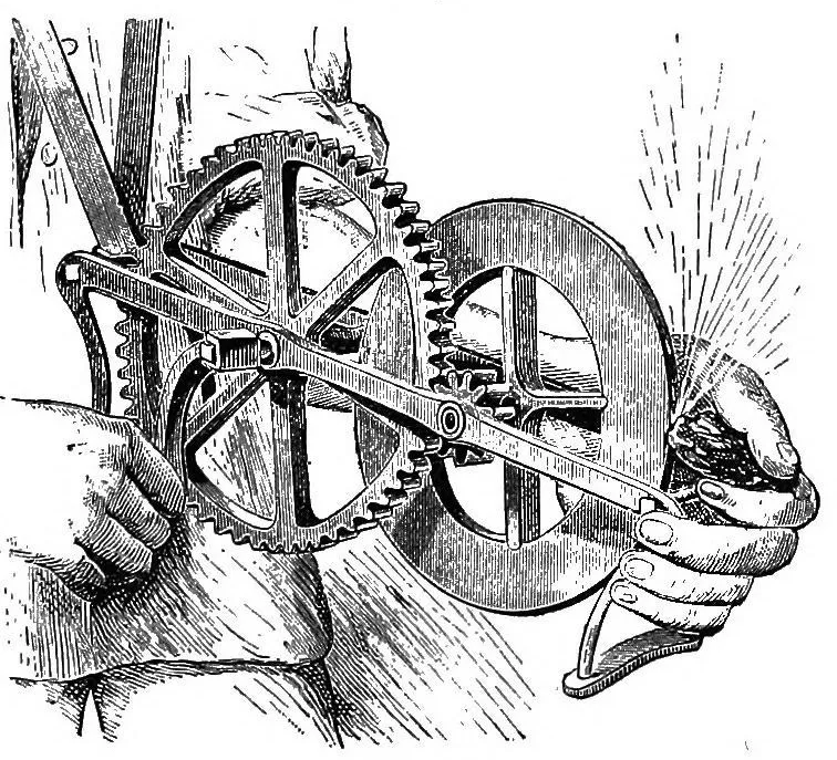 Illustration of Carlisle Spedding’s steel mill, an 18th-century hand-cranked device producing sparks for illumination in coal mines, invented to reduce fire damp explosion risks.