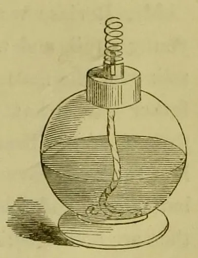 Illustration einer Spirituslampe mit einer Platinspirale um den Docht, die eine flammenfreie Verbrennung mit Alkohol­dampf demonstriert.