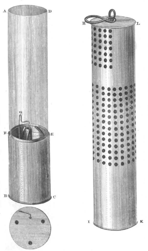 Technical illustration of Stephenson’s Geordie safety lamp showing disassembled and assembled views, including a perforated metal cylinder, cylindrical inner components, and a handle on top.