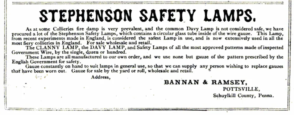 Historische Anzeige für Stephensons Sicherheitslampen, vermarktet im Schuylkill County, Pennsylvania, die die Sicherheit im Vergleich zur Davy-Sicherheitslampe hervorhebt.